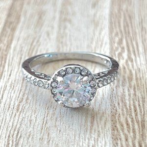 Round White Sapphire Halo Ring - 18K White Gold